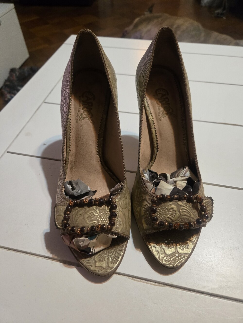 Vintage Carlos Santana Women’s Embossed Peep-Toe Heels with Beaded Buckle - Gold